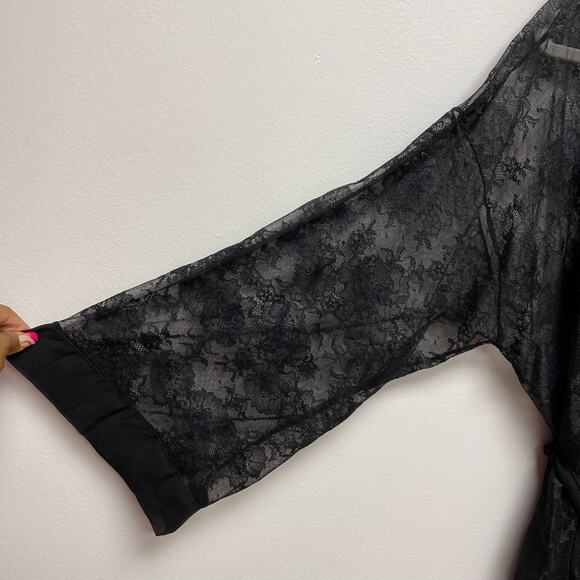 Cacique Womens Black Lace Sheer Long Sleeve Stretch Tie Front Kimono Robe 18/20 - Picture 3 of 10